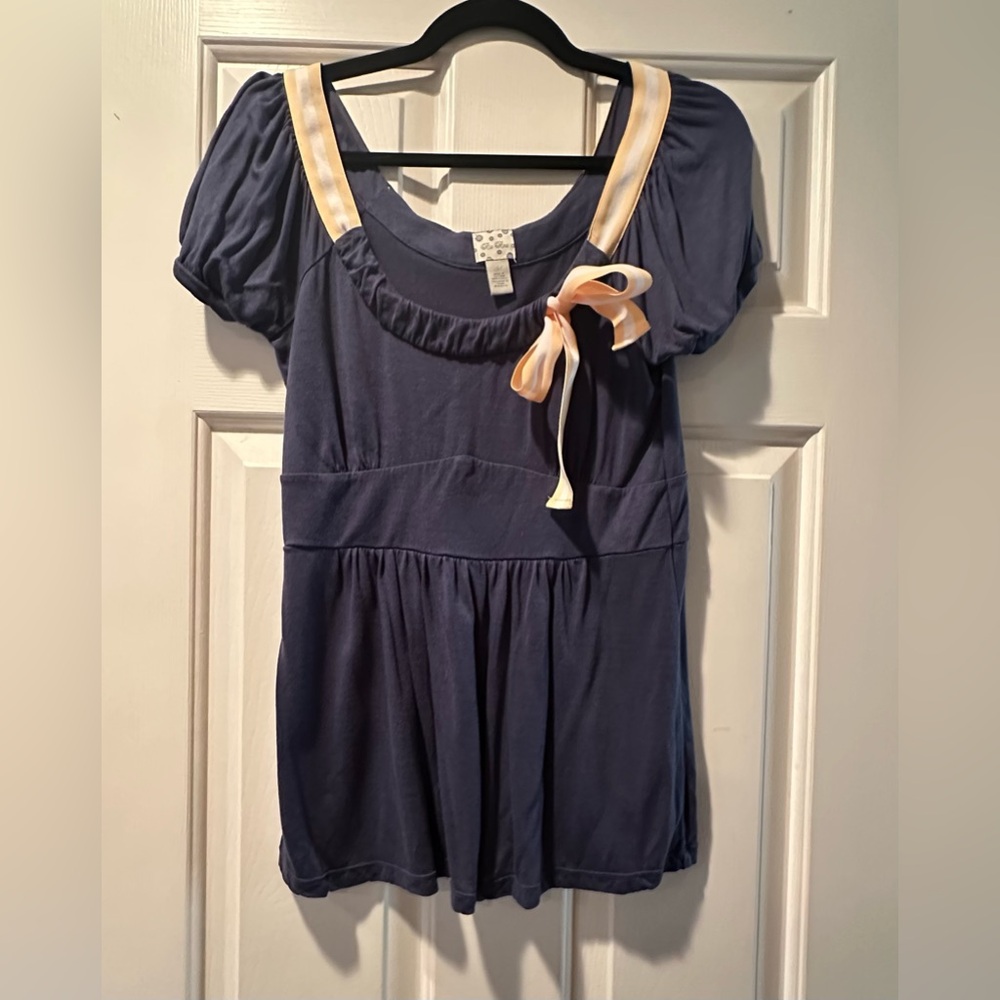 Anthropologie Blue Blouse with Cream Bow